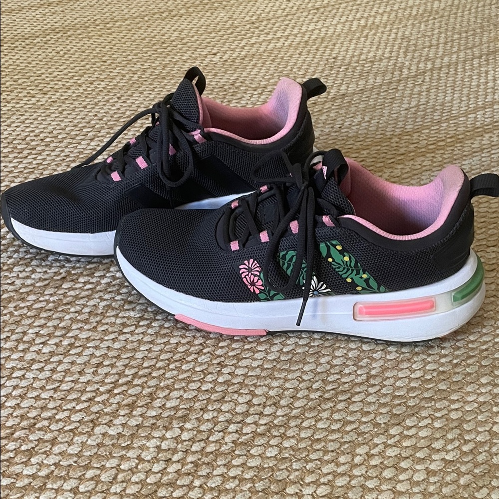adidas Women’s Black Sneakers with Pink and Green Floral Details